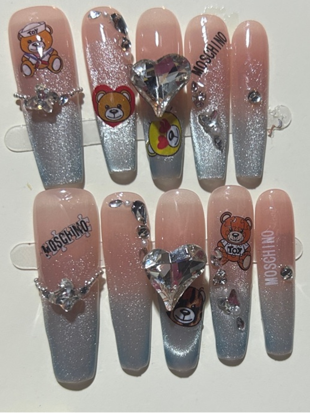 Moschino Pink to Silver Ombre Press-On Nail Set with Heart Crystals